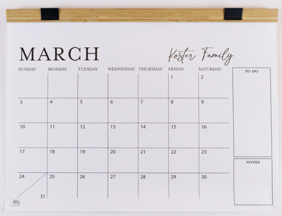 Monthly To-Do Calendar with Wood Hanger